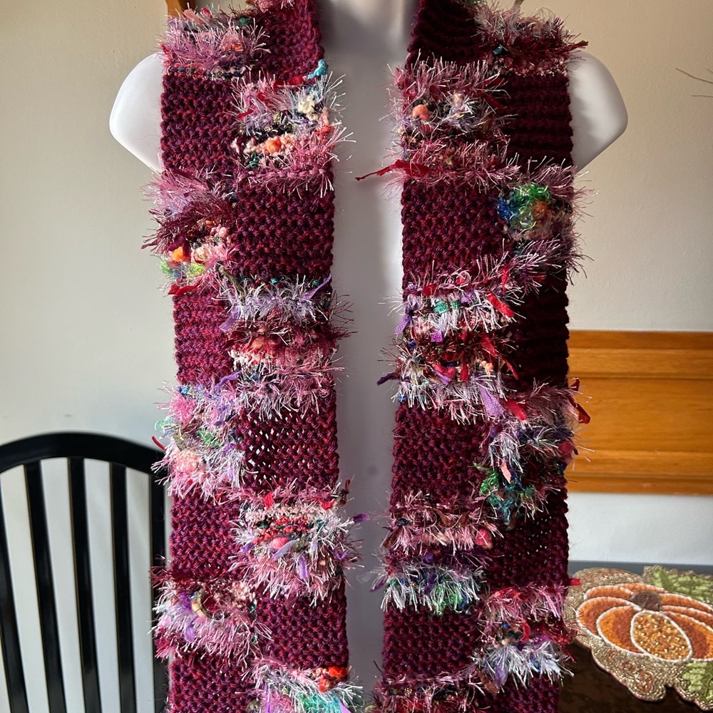 Chic Burgundy Knit Scarf with Colorful Accents